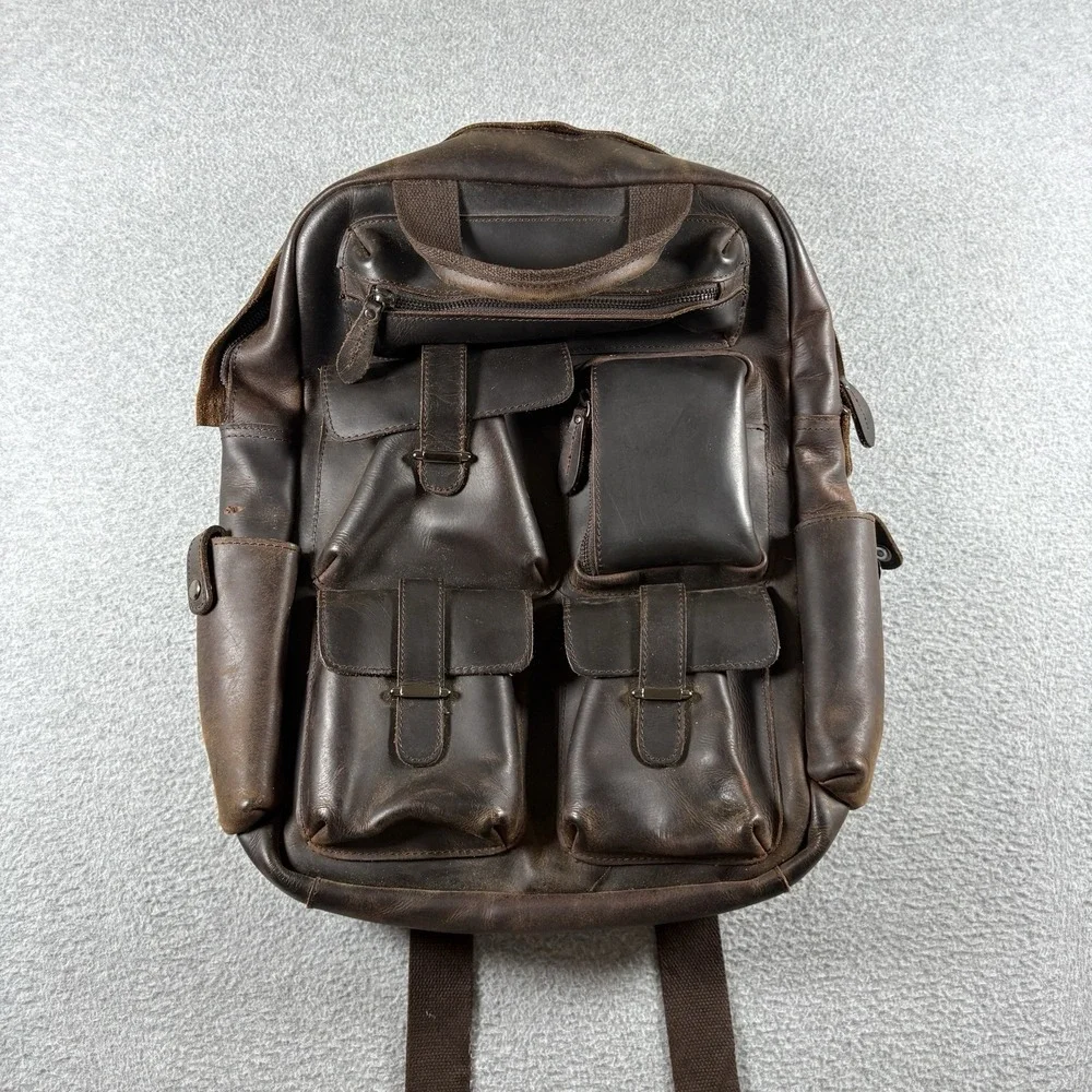 Vintage Crazy Horse Brown Leather Backpack Multi Pocket Utility Laptop Rucksack⁠